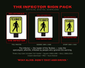 Digital product listing graphic for 'The Infector Sign Pack' featuring three collectible sign designs: Full Master, Square 1080x1080, and Story 1080x1920. The signs are yellow-green with a black silhouette of a person and the word 'TEXBIES'.